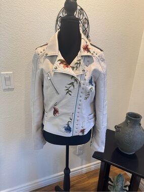 AFTF Basic Brand Embroidered Cream Faux Leather Moto Jacket with Stud Details